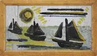 Dehusch Margolies, Black Sails, Oil on wood panel sketch shows three black sailboats sailing right to left under a black & gold sun