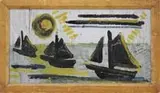 Dehusch Margolies, Black Sails, Oil on wood panel sketch shows three black sailboats sailing right to left under a black & gold sun