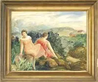 Glen Allison Ranney, A View Across the Valley, Oil on canvas landscape shows two women seated on rocks looking across a valley toward farms