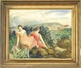 Glen Allison Ranney, A View Across the Valley, Oil on canvas landscape shows two women seated on rocks looking across a valley toward farms