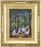 Unsigned, Afternoon in Central Park, Oil on board scene shows five women dressed in colorful summer attire having a picnic under five tall trees