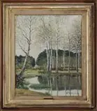 Etienne R. Bergeron, Pond Sentinels, Oil on canvas scene shows a pond edge with tall trees and grass leading to a large grove of trees having break with gate
