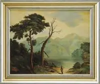 J. Bechtel, Going Fishing, Oil on canvas Hudson River style painting shows a fisherman nearing a clearing by a lake/river with mountain backdrop