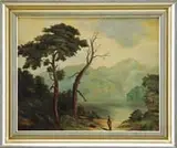 J. Bechtel, Going Fishing, Oil on canvas Hudson River style painting shows a fisherman nearing a clearing by a lake/river with mountain backdrop