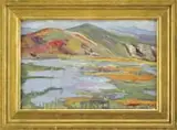 Aaron Edward Kilpatrick, The Pastel Hills, Oil on canvasboard scene shows a foreground marshy area leading to colorful hills under blue sky