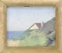 Agnes Anne Abbott, Rye Beach Cottage, Oil on board scene shows the rooftop of a cottage nestled amongst the dunes overlooking water