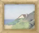 Agnes Anne Abbott, Rye Beach Cottage, Oil on board scene shows the rooftop of a cottage nestled amongst the dunes overlooking water