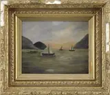 Unsigned, Boats on the Bay, Oil on canvas primitive scene shows sailboats on greenish water surrounded by round topped hills