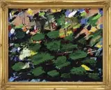Suzanne Eisendieck, Lily Pond, Oil on canvas modernist view of a lily pond with large green leaf pads and colorful flowers