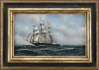 Antonio Jacobsen, Portrait of the Ship “Governor Goodwin, Oil on board nautical scene shows a black-hulled three-mast ship sailing right to left in green, white tipped ocean