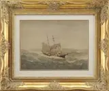 Fred Cozzens, Sailing Through Rough Seas, Watercolor scene shows a two-mast ship sailing left to right in high seas
