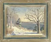 Winter Massachusetts Landscape by Leo B. Blake, Oil on board scene shows a snow covered edge of body of water with trees, bushes and evergreens, sold Jan 2006