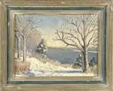Leo B. Blake, Winter Massachusetts Landscape, Oil on board scene shows a snow covered edge of body of water with trees, bushes and evergreens