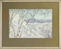 W. Thacher Folsom, The Valley Village, Watercolor winter scene shows a small New England village nestled amongst hills with hill and birch trees in foreground