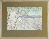 W. Thacher Folsom, The Valley Village, Watercolor winter scene shows a small New England village nestled amongst hills with hill and birch trees in foreground