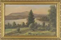 W L Steward, Maine Landscape, Oil on board scene shows a lake surrounded by woods with a dirt road and fence in foreground