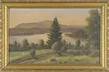 W L Steward, Maine Landscape, Oil on board scene shows a lake surrounded by woods with a dirt road and fence in foreground