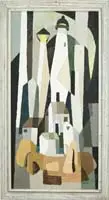 Nicolaus Koni, Lighthouses, Oil on canvas modern scene shows several lighthouses with other houses against geometric pattern