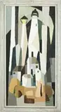 Nicolaus Koni, Lighthouses, Oil on canvas modern scene shows several lighthouses with other houses against geometric pattern