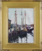 Harry Aiken Vincent, A New England Harbor, Oil on board harbor scene shows three sailboats docked at wharf with building having buildings in background