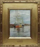 Aldro Thompson Hibbard, Tall Ships at Dock, Oil on board scene shows two three-mast tall ships at dock. One has a red and gray hull, the other with blue