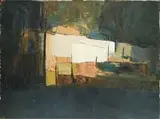 Lewis Scott Croft, Abstract Scene, Oil on masonite scene possibly depicts a boat in an interior building looking out at bright sunlight