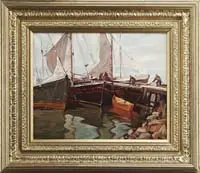 Emile Albert Gruppe, Gloucester Harbor Scene, Oil on canvas dock scene shows four figures on dock tying up three boats alongside