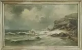 George McConnell, Stormy Coast, Oil on board coastal scene shows ships off the rocky coast of Maine in stormy weather
