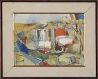 Martin, Granite Wharf, Rockland Maine, Oil on canvas board scene shows two lobster boats in an abstract painting. Bottom right signed “Martin” in script