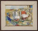 Martin, Granite Wharf, Rockland Maine, Oil on canvas board scene shows two lobster boats in an abstract painting. Bottom right signed “Martin” in script
