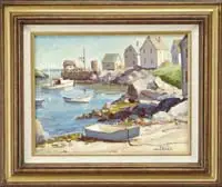 Jack Jones, Fish Beach Monhegan, Maine, Oil on board scene shows a small cove with lobster boat and dinghy surrounded by small houses and rocky shore