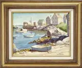 Jack Jones, Fish Beach Monhegan, Maine, Oil on board scene shows a small cove with lobster boat and dinghy surrounded by small houses and rocky shore