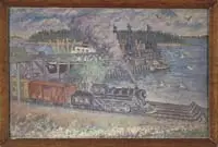 Waldo Peirce, Train Next to Dock, Print on paper scene shows a B&A train stopped next to large dock with freighter and cranes