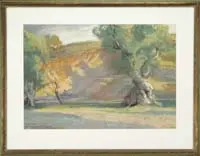 Albert Sheldon Pennoyer, Figures in a Landscape, Pastel outdoor scene shows a hill and trees with two figures seated at base of hill. Probably a California scene
