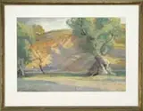 Albert Sheldon Pennoyer, Figures in a Landscape, Pastel outdoor scene shows a hill and trees with two figures seated at base of hill. Probably a California scene