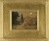 Edward Loyal Field, Country Cottage and Farm, Oil on panel depicts small cottage and farm in a rural setting. Probably a Catskills or a Hudson River Valley scene