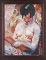 Chaïm Soutine, Kiki of Montparnasse, Oil on canvas half portrait of a young nude woman seated with a bolt of fabric in lap. A flowered curtain backdrop