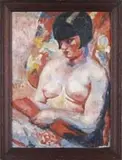 Chaïm Soutine, Kiki of Montparnasse, Oil on canvas half portrait of a young nude woman seated with a bolt of fabric in lap. A flowered curtain backdrop
