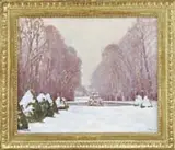 Joseph-Félix Bouchor, Versailles Under Snow, Oil on canvas scene shows a large fountain in a snow covered park lined with tall trees and shrubs