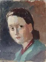 Raoul Dufy, Portrait of a Young Woman, Small oil on board shoulder length portrait of a young woman with brown hair and with a green scarf