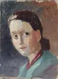 Raoul Dufy, Portrait of a Young Woman, Small oil on board shoulder length portrait of a young woman with brown hair and with a green scarf