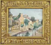 Vaszary János, Village at Rwiere, Oil on board scene shows a tree lined road with buildings