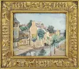 Vaszary János, Village at Rwiere, Oil on board scene shows a tree lined road with buildings