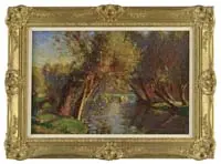 Thomas Campbell, Autumn Spectacle, Oil on canvas scene shows two figures in a rowboat on a winding river framed by large trees with blue sky