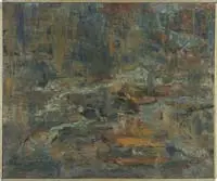 Elisabeth Hefter Epstein, Impressionistic Forest Scene, Oil on canvas abstract scene shows splashes of red, orange and blue against a green background