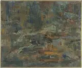Elisabeth Hefter Epstein, Impressionistic Forest Scene, Oil on canvas abstract scene shows splashes of red, orange and blue against a green background