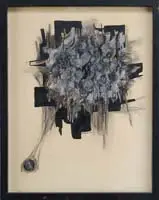 James Brooks, Abstraction in Black, Mixed media charcoal, watercolor and ink scene shows black background with whitish/gray design