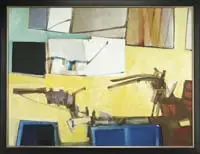 John Hultberg, Composition with Yellow and Blue, Large oil on canvas abstract modern scene shows colors of yellow, blue, brown and white