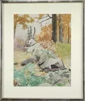 Will Rowland Davis, The Rock Wall, Watercolor scene shows a rock wall leading to trees with fall colors