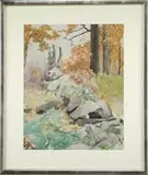 Will Rowland Davis, The Rock Wall, Watercolor scene shows a rock wall leading to trees with fall colors